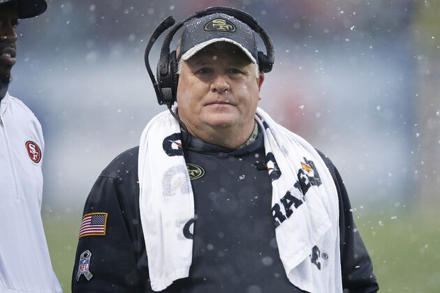 CHICAGO, IL - DECEMBER 04: Head coach Chip Kelly of the San Francisco 49ers looks on during the game against the Chicago Bears at Soldier Field on December 4, 2016 in Chicago, Illinois. The Bears defeated the 49ers 26-6. (Photo by Joe Robbins/Getty Images)