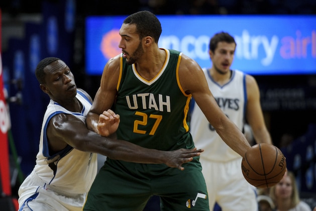 MINNEAPOLIS, MN - NOVEMBER 28: Gorgui Dieng #5 of the Minnesota Timberwolves defends against Rudy Gobert #27 of the Utah Jazz during the game on November 28, 2016 at Target Center in Minneapolis, Minnesota. NOTE TO USER: User expressly acknowledges and agrees that, by downloading and or using this Photograph, user is consenting to the terms and conditions of the Getty Images License Agreement. (Photo by Hannah Foslien/Getty Images)