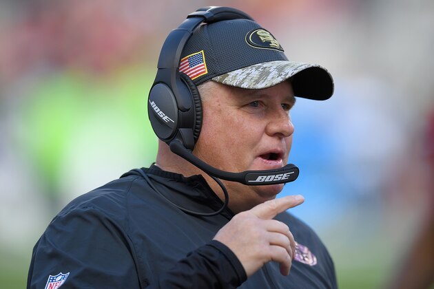 SANTA CLARA, CA - JANUARY 01:  Head coach Chip Kelly of the San Francisco 49ers looks on from the sidelines against the Seattle Seahawks during the first quarter of their NFL football game at Levi's Stadium on January 1, 2017 in Santa Clara, California.  (Photo by Thearon W. Henderson/Getty Images)
