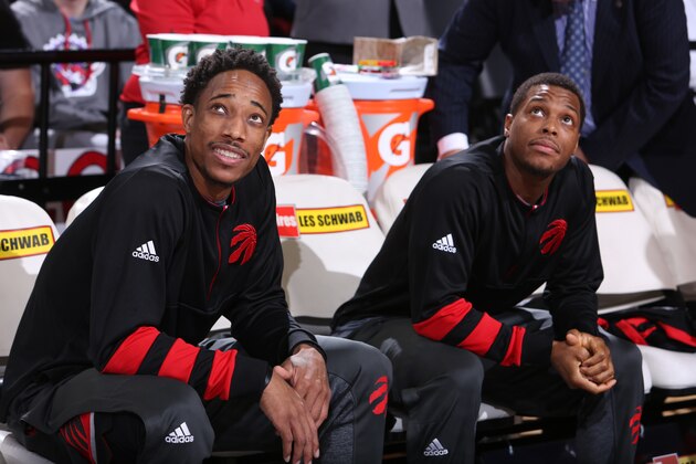 PORTLAND, OR - DECEMBER 26: DeMar DeRozan #10 and Kyle Lowry #7 of the Toronto Raptors are seen before the game against the Portland Trail Blazers on December 26, 2016 at the Moda Center in Portland, Oregon. NOTE TO USER: User expressly acknowledges and agrees that, by downloading and or using this Photograph, user is consenting to the terms and conditions of the Getty Images License Agreement. Mandatory Copyright Notice: Copyright 2016 NBAE (Photo by Sam Forencich/NBAE via Getty Images)