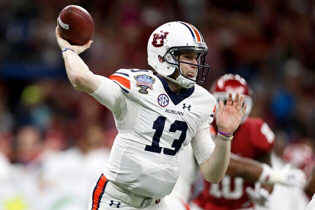 NEW ORLEANS, LA - JANUARY 02:  Sean White #13 of the Auburn Tigers throws a pass against the Oklahoma Sooners during the Allstate Sugar Bowl at the Mercedes-Benz Superdome on January 2, 2017 in New Orleans, Louisiana.  (Photo by Jonathan Bachman/Getty Images)