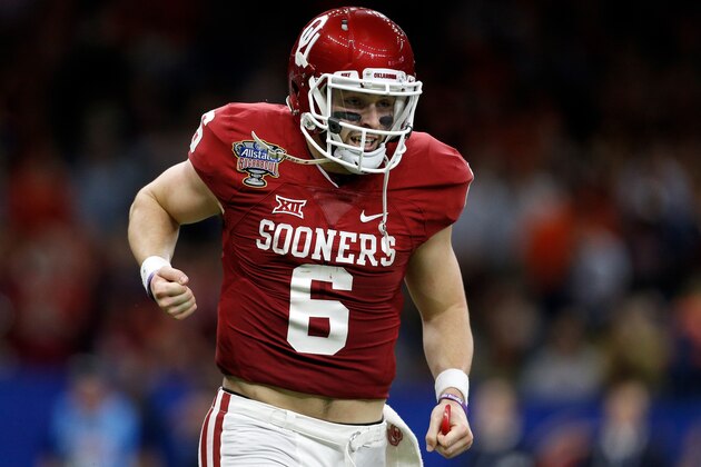 NEW ORLEANS, LA - JANUARY 02:  Baker Mayfield #6 of the Oklahoma Sooners reacts after scoring a touchdown against the Auburn Tigers during the Allstate Sugar Bowl at the Mercedes-Benz Superdome on January 2, 2017 in New Orleans, Louisiana.  (Photo by Jonathan Bachman/Getty Images)