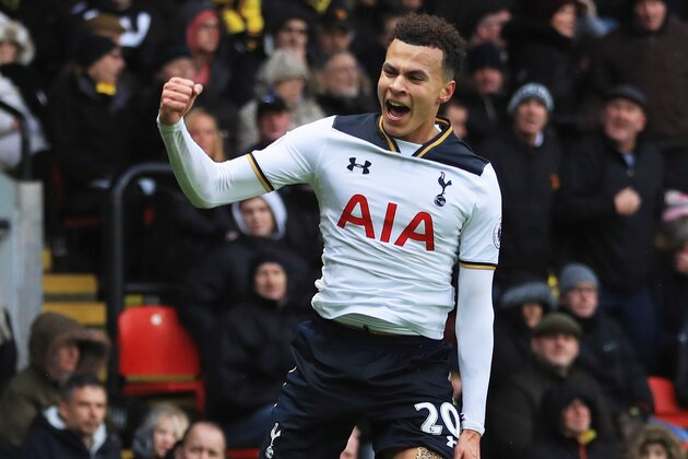WATFORD, ENGLAND - JANUARY 01:  Dele Alli of Tottenham Hotspur celebrates as he scores their third goal during the Premier League match between Watford and Tottenham Hotspur at Vicarage Road on January 1, 2017 in Watford, England.  (Photo by Richard Heathcote/Getty Images)