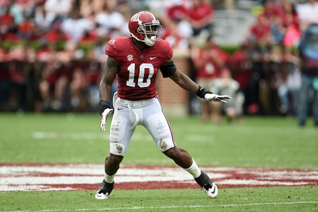TUSCALOOSA, AL - APRIL 18:  Reuben Foster #10 of the Crimson team reacts to a play during the University of Alabama Crimson Tide A-day spring game at Bryant-Denny Stadium on April 18, 2015 in Tuscaloosa, Alabama.  (Photo by Stacy Revere/Getty Images)
