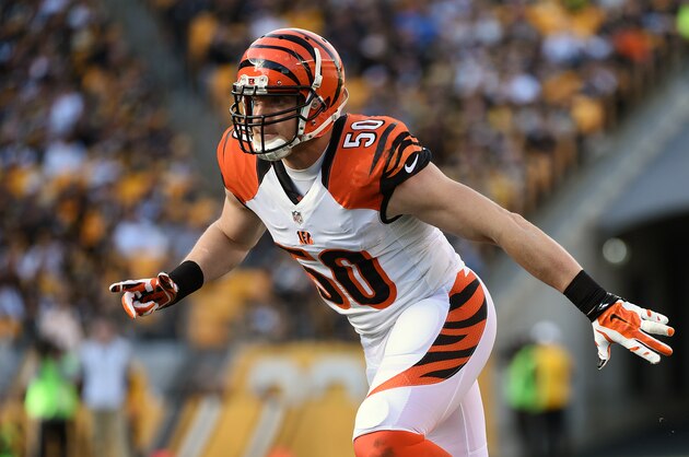 PITTSBURGH, PA - NOVEMBER 1:  Linebacker A.J. Hawk #50 of the Cincinnati Bengals pursues the play during a game against the Pittsburgh Steelers at Heinz Field on November 1, 2015 in Pittsburgh, Pennsylvania.  The Bengals defeated the Steelers 16-10. (Photo by George Gojkovich/Getty Images)