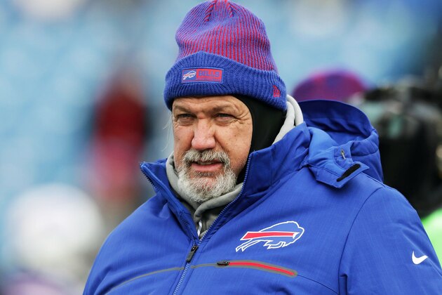 ORCHARD PARK, NY - DECEMBER 18:  Defense coach Rob Ryan of the Buffalo Bills watches his team warm up before the game against the Cleveland Browns at New Era Field on December 18, 2016 in Orchard Park, New York.  (Photo by Brett Carlsen/Getty Images)