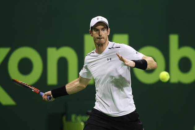 British player Andy Murray returns the ball to France's Jeremy Chardy on the fourth day of the ATP Qatar Open tennis competition in Doha on January 3, 2017. / AFP / KARIM JAAFAR        (Photo credit should read KARIM JAAFAR/AFP/Getty Images)