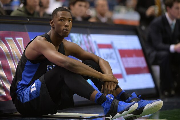 GREENSBORO, NC - DECEMBER 21: Harry Giles #1 of the Duke Blue Devils waits at the scorer's table during their game against the Elon Phoenix at the Greensboro Coliseum on December 21, 2016 in Greensboro, North Carolina. Duke won 72-61. (Photo by Lance King/Getty Images)