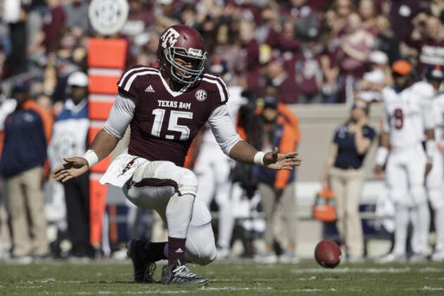 Texas A&M defensive lineman Myles Garrett (15) reacts after knocking down a pass against UTSA during the third quarter of an NCAA college football game Saturday, Nov. 19, 2016, in College Station, Texas. (AP Photo/Sam Craft)