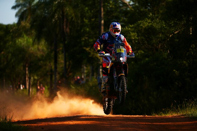 UNSPECIFIED, PARAGUAY - JANUARY 02:  Toby Price of Australia and Red Bull KTM Team rides a 450 Rally Replica bike in the Elite ASO during stage one of the 2017 Dakar Rally between Asuncion, Paraguay and Resistencia, Argentina on January 2, 2017 at an unspecified location in Paraguay.  (Photo by Dan Istitene/Getty Images)