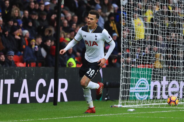 WATFORD, ENGLAND - JANUARY 01:  Dele Alli of Tottenham Hotspur celebrates as he scores their third goal during the Premier League match between Watford and Tottenham Hotspur at Vicarage Road on January 1, 2017 in Watford, England.  (Photo by Richard Heathcote/Getty Images)