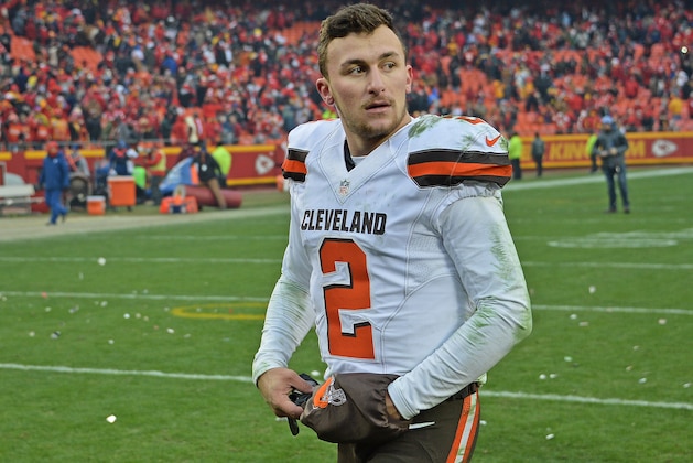 KANSAS CITY, MO - DECEMBER 27:  Quarterback Johnny Manziel #2 of the Cleveland Browns walks off the field, after losing to the Kansas City Chiefs on December 27, 2015 at Arrowhead Stadium in Kansas City, Missouri.  (Photo by Peter G. Aiken/Getty Images)