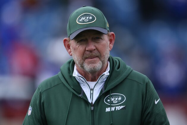 ORCHARD PARK, NY - JANUARY 3: Offensive coordinator Chan Gailey of the New York Jets looks on during pre-game warm-ups before the start of their game against the Buffalo Bills during NFL game action at Ralph Wilson Stadium on January 3, 2016 in Orchard Park, New York. (Photo by Tom Szczerbowski/Getty Images)