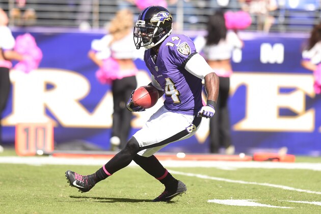 BALTIMORE, MD - OCTOBER 09:  Devin Hester #14 of the Baltimore Ravens runs with the ball during a football game against the Washington Redskins at M & T Stadium on October 9, 2016 in Baltimore, Maryland.  The Redskins won 16-10.  (Photo by Mitchell Layton/Getty Images)