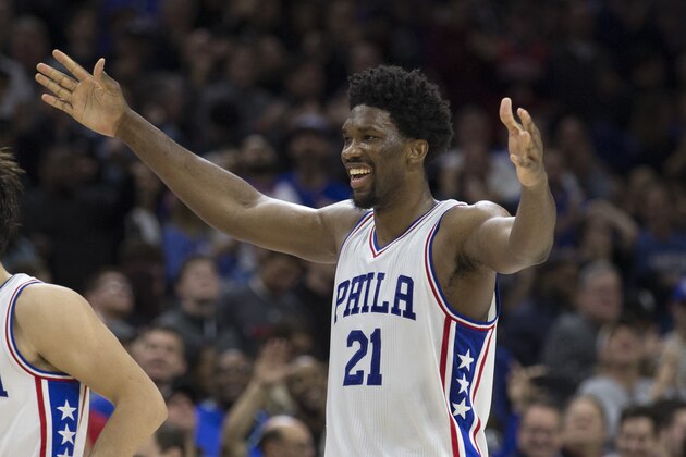 PHILADELPHIA, PA - JANUARY 3: Joel Embiid #21 and Dario Saric #9 of the Philadelphia 76ers celebrate in the final moments of the game against the Minnesota Timberwolves at the Wells Fargo Center on January 3, 2017 in Philadelphia, Pennsylvania. The 76ers defeated the Timberwolves 93-91. NOTE TO USER: User expressly acknowledges and agrees that, by downloading and or using this photograph, User is consenting to the terms and conditions of the Getty Images License Agreement. (Photo by Mitchell Leff/Getty Images)