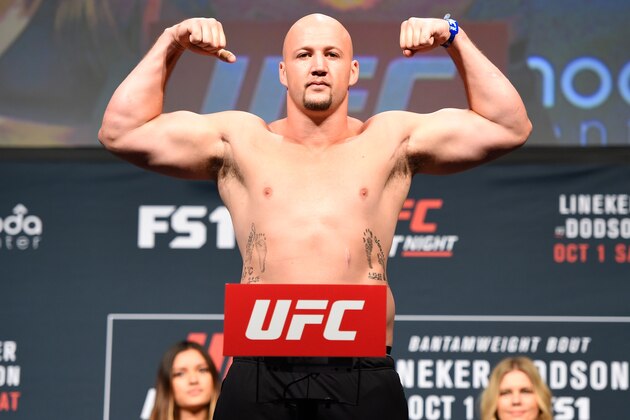 PORTLAND, OR - SEPTEMBER 30:  Cody East steps onto the scale during the UFC Fight Night weigh-in at the Oregon Convention Center on September 30, 2016 in Portland, Oregon. (Photo by Josh Hedges/Zuffa LLC/Zuffa LLC via Getty Images)