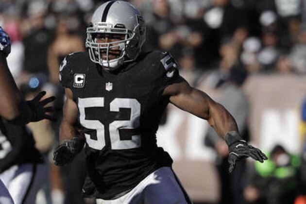 Oakland Raiders defensive end Khalil Mack (52) against the Indianapolis Colts during an NFL football game in Oakland, Calif., Saturday, Dec. 24, 2016. (AP Photo/Marcio Jose Sanchez) Oakland Raiders defensive end Khalil Mack (52) against the Indianapolis Colts during an NFL football game in Oakland, Calif., Saturday, Dec. 24, 2016. (AP Photo/Marcio Jose Sanchez)