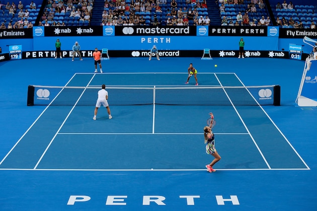 PERTH, AUSTRALIA - JANUARY 04: A general view of play in the mixed doubles match between Kristina Mladenovic and Richard Gasquet of France and Heather Watson and Dan Evans of Great Britain on day four of the 2017 Hopman Cup at Perth Arena on January 4, 2017 in Perth, Australia.  (Photo by Will Russell/Getty Images)