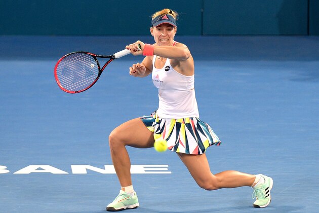 BRISBANE, AUSTRALIA - JANUARY 04:  Angelique Kerber of Germany plays a forehand against Ashleigh Barty of Australia on day four of the 2017 Brisbane International at Pat Rafter Arena on January 4, 2017 in Brisbane, Australia.  (Photo by Bradley Kanaris/Getty Images)