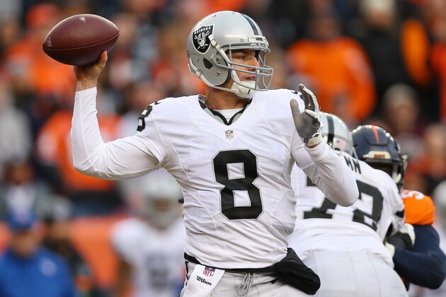 DENVER, CO - JANUARY 1:  Quarterback Connor Cook #8 of the Oakland Raiders throws in the second quarter of the game against the Denver Broncos at Sports Authority Field at Mile High on January 1, 2017 in Denver, Colorado. (Photo by Justin Edmonds/Getty Images)