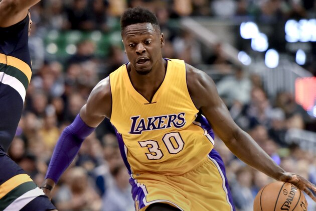 SALT LAKE CITY, UT - OCTOBER 28: Julius Randle #30 of the Los Angeles Lakers drives the ball up court during their game against the Utah Jazz at Vivint Smart Home Arena on October 28, 2016 in Salt Lake City, Utah. NOTE TO USER: User expressly acknowledges and agrees that, by downloading and or using this photograph, User is consenting to the terms and conditions of the Getty Images License Agreement. (Photo by Gene Sweeney Jr/Getty Images)