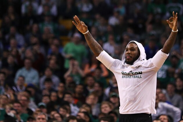 BOSTON, MA - DECEMBER 23: Jae Crowder #99 of the Boston Celtics celebrates from the bench during the second quarter against the Oklahoma City Thunder  at TD Garden on December 23, 2016 in Boston, Massachusetts. NOTE TO USER: User expressly acknowledges and agrees that, by downloading and or using this Photograph, user is consenting to the terms and conditions of the Getty Images License Agreement. (Photo by Maddie Meyer/Getty Images)