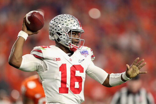 GLENDALE, AZ - DECEMBER 31:  Quarterback J.T. Barrett #16 of the Ohio State Buckeyes drops back to pass during the Playstation Fiesta Bowl against the Clemson Tigers at University of Phoenix Stadium on December 31, 2016 in Glendale, Arizona. The Tigers defeated the Buckeyes 31-0.  (Photo by Christian Petersen/Getty Images)
