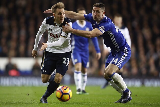 LONDON, ENGLAND - JANUARY 04: Christian Eriksen of Tottenham Hotspur (L) and Gary Cahill of Chelsea (R) battle for possession during the Premier League match between Tottenham Hotspur and Chelsea at White Hart Lane on January 4, 2017 in London, England. (Photo by Julian Finney/Getty Images) LONDON, ENGLAND - JANUARY 04: Christian Eriksen of Tottenham Hotspur (L) and Gary Cahill of Chelsea (R) battle for possession during the Premier League match between Tottenham Hotspur and Chelsea at White Hart Lane on January 4, 2017 in London, England. (Photo by Julian Finney/Getty Images)