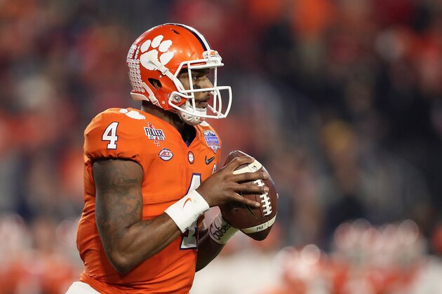 GLENDALE, AZ - DECEMBER 31:  Quarterback Deshaun Watson #4 of the Clemson Tigers drops back to pass during the Playstation Fiesta Bowl against the Ohio State Buckeyes at University of Phoenix Stadium on December 31, 2016 in Glendale, Arizona. The Tigers defeated the Buckeyes 31-0.  (Photo by Christian Petersen/Getty Images)
