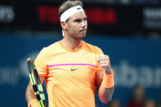 BRISBANE, AUSTRALIA - JANUARY 03:  Rafael Nadal of Spain celebrates a point during his match against Alexandr Dolgopolov of Ukraine on day three of the 2017 Brisbane International at Pat Rafter Arena on January 3, 2017 in Brisbane, Australia.  (Photo by Chris Hyde/Getty Images)