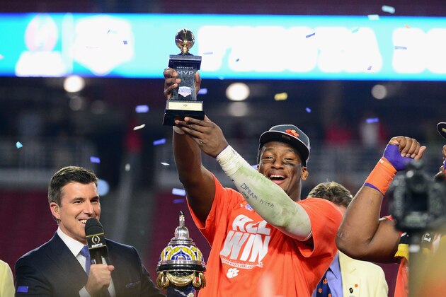GLENDALE, AZ - DECEMBER 31: Clelin Ferrell #99 of the Clemson Tigers holds the Fiesta Bowl defensive MVP trophy after the Clemson Tigers beat the Ohio State Buckeyes 31-0 to win the 2016 PlayStation Fiesta Bowl at University of Phoenix Stadium on December 31, 2016 in Glendale, Arizona.  (Photo by Jennifer Stewart/Getty Images)