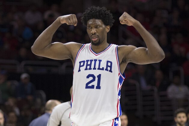 PHILADELPHIA, PA - JANUARY 3: Joel Embiid #21 of the Philadelphia 76ers reacts against the Minnesota Timberwolves at the Wells Fargo Center on January 3, 2017 in Philadelphia, Pennsylvania. NOTE TO USER: User expressly acknowledges and agrees that, by downloading and or using this photograph, User is consenting to the terms and conditions of the Getty Images License Agreement. (Photo by Mitchell Leff/Getty Images)