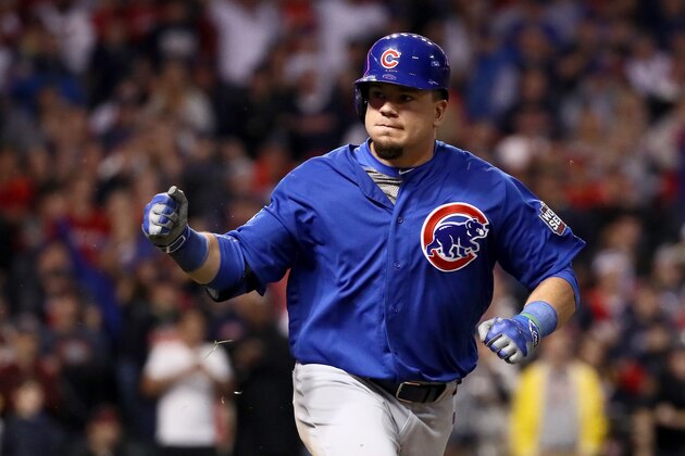 CLEVELAND, OH - NOVEMBER 02:  Kyle Schwarber #12 of the Chicago Cubs singles in the 10th inning against the Cleveland Indians in Game Seven of the 2016 World Series at Progressive Field on November 2, 2016 in Cleveland, Ohio.  (Photo by Ezra Shaw/Getty Images)