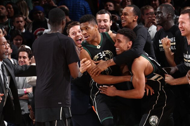 NEW YORK, NY - JANUARY 4: The Milwaukee Bucks celebrate with Giannis Antetokounmpo #34 after he hits the game winning shot against the New York Knicks on January 4, 2017 at Madison Square Garden in New York, NY. NOTE TO USER: User expressly acknowledges and agrees that, by downloading and or using this photograph, User is consenting to the terms and conditions of the Getty Images License Agreement. Mandatory Copyright Notice: Copyright 2017 NBAE  (Photo by Nathaniel S. Butler/NBAE via Getty Images)