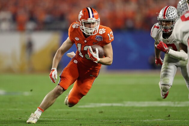 GLENDALE, AZ - DECEMBER 31:  Wide receiver Hunter Renfrow #13 of the Clemson Tigers runs with the football after a reception against the Ohio State Buckeyes during the Playstation Fiesta Bowl at University of Phoenix Stadium on December 31, 2016 in Glendale, Arizona. The Tigers defeated the Buckeyes 31-0.  (Photo by Christian Petersen/Getty Images)