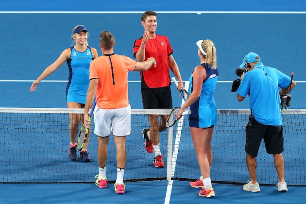 PERTH, AUSTRALIA - JANUARY 05:  Matthew Ebden and Daria Gavrilova of Australia congratulate Jack Sock and Coco Vandeweghe of the United States on winning the mixed doubles match during day five of the 2017 Hopman Cup at Perth Arena on January 5, 2017 in Perth, Australia.  (Photo by Paul Kane/Getty Images)