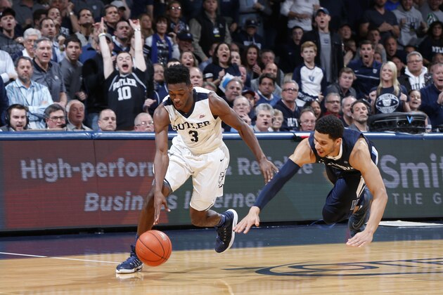 INDIANAPOLIS, IN - JANUARY 04: Kamar Baldwin #3 of the Butler Bulldogs steals the ball from Josh Hart #3 of the Villanova Wildcats with under a minute in the game at Hinkle Fieldhouse on January 4, 2017 in Indianapolis, Indiana. Butler defeated the No. 1 ranked Wildcats 66-58. (Photo by Joe Robbins/Getty Images)