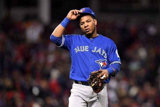 CLEVELAND, OH - OCTOBER 14:  Edwin Encarnacion #10 of the Toronto Blue Jays reacts in the third inning against the Cleveland Indians during game one of the American League Championship Series at Progressive Field on October 14, 2016 in Cleveland, Ohio.  (Photo by Jason Miller/Getty Images)