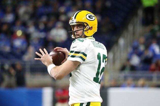 DETROIT, MI - JANUARY 01: Aaron Rodgers #12 of the Green Bay Packers warms up prior to the start of the game against the Detroit Lions at Ford Field on January 1, 2017 in Detroit, Michigan. Green Bay defeated Detroit 31-24. (Photo by Leon Halip/Getty Images)