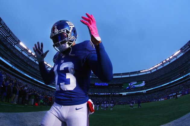 EAST RUTHERFORD, NJ - DECEMBER 18: Odell Beckham #13 of the New York Giants reacts as he walks off the field before the game against the Detroit Lions at MetLife Stadium on December 18, 2016 in East Rutherford, New Jersey.  (Photo by Al Bello/Getty Images)