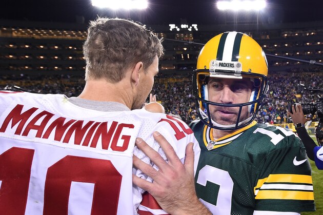 GREEN BAY, WI - OCTOBER 09:  Aaron Rodgers #12 of the Green Bay Packers speaks with Eli Manning #10 of the New York Giants following a game at Lambeau Field on October 9, 2016 in Green Bay, Wisconsin.  The Packers defeated the Giants 23-16.  (Photo by Stacy Revere/Getty Images)