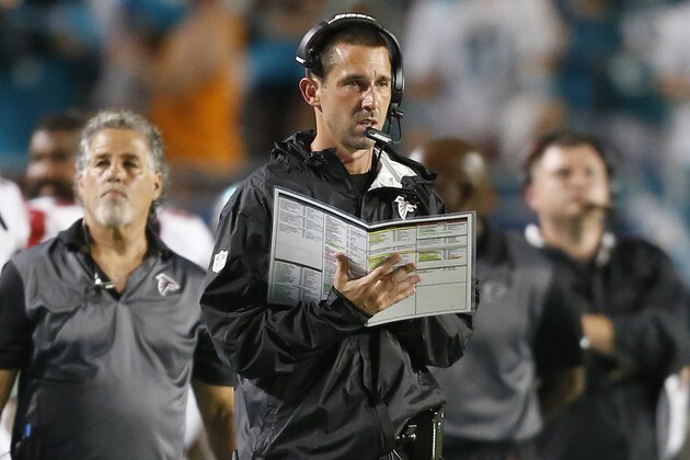 MIAMI GARDENS, FL - AUGUST 29: Offensive coordinator Kyle Shanahan of the Atlanta Falcons looks on during third quarter action against the Miami Dolphins during a preseason game on August 29, 2015 at Sun Life Stadium in Miami Gardens, Florida. The Dolphins defeated the Falcons 13-9. (Photo by Joel Auerbach/Getty Images)