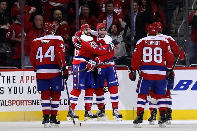 WASHINGTON, DC - JANUARY 05: Daniel Winnik #26 of the Washington Capitals celebrates after scoring a first period goal against the Columbus Blue Jackets in the first period at Verizon Center on January 5, 2017 in Washington, DC.  (Photo by Rob Carr/Getty Images)