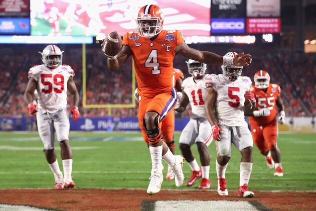 GLENDALE, AZ - DECEMBER 31:  Deshaun Watson #4 of the Clemson Tigers reacts after scoring a third quarter touchdown during the 2016 PlayStation Fiesta Bowl against the Ohio State Buckeyes at University of Phoenix Stadium on December 31, 2016 in Glendale, Arizona.  (Photo by Christian Petersen/Getty Images)