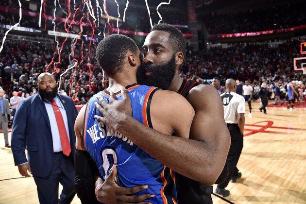 HOUSTON, TX - JANUARY 5: James Harden #13 of the Houston Rockets shares a hug with Russell Westbrook #0 of the Oklahoma City Thunder after the game on January 5, 2017 at the Toyota Center in Houston, Texas. NOTE TO USER: User expressly acknowledges and agrees that, by downloading and or using this photograph, User is consenting to the terms and conditions of the Getty Images License Agreement. Mandatory Copyright Notice: Copyright 2017 NBAE (Photo by Bill Baptist/NBAE via Getty Images)