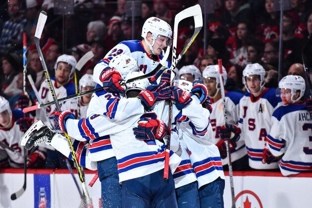 MONTREAL, QC - JANUARY 05:  Kieffer Bellows #23 of Team United States celebrates a second period goal with teammates during the 2017 IIHF World Junior Championship gold medal game against Team Canada at the Bell Centre on January 5, 2017 in Montreal, Quebec, Canada.  (Photo by Minas Panagiotakis/Getty Images)