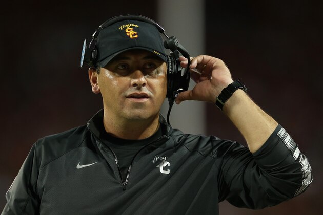 TUCSON, AZ - OCTOBER 11:  Head coach Steve Sarkisian of the USC Trojans on the sidelines during the college football game against the Arizona Wildcats at Arizona Stadium on October 11, 2014 in Tucson, Arizona.  The Trojans defeatred the Wildcats 28-26.  (Photo by Christian Petersen/Getty Images)
