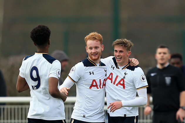 ENFIELD, ENGLAND - JANUARY 06:  Connor Ogilvie of Tottenham Hotspur celebrates scoring during the Premier League 2 match between Tottenham Hotspur and Chelsea on January 6, 2017 in Enfield, England. (Photo by Stephen Pond/Getty Images)