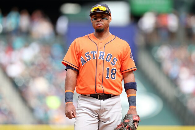 SEATTLE - JULY 16:  Luis Valbuena #18 of the Houston Astros looks on during the game against the Seattle Mariners at Safeco Field on July 16, 2016 in Seattle, Washington.  The Mariners defeated the Astros 1-0.  (Photo by Rob Leiter/MLB Photos via Getty Images)