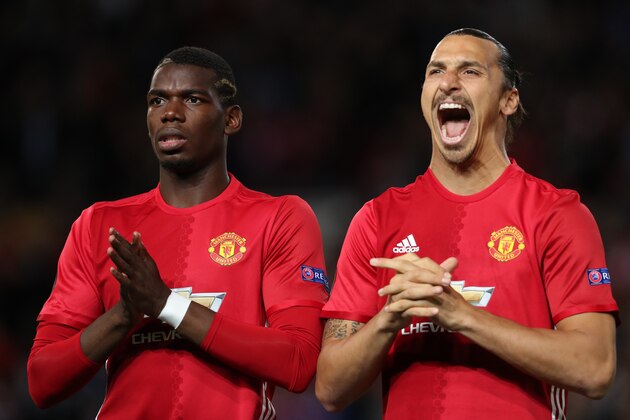MANCHESTER, ENGLAND - SEPTEMBER 29: Paul Pogba and Zlatan Ibrahimovic of Manchester United before the UEFA Europa League match between Manchester United FC and FC Zorya Luhansk at Old Trafford on September 29, 2016 in Manchester, England. (Photo by Matthew Ashton - AMA/Getty Images)